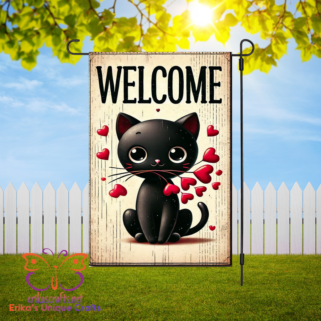 Welcome Kitty Hearts Garden Flag