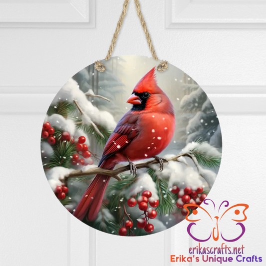 Winter Cardinal Round Hanging Door Sign