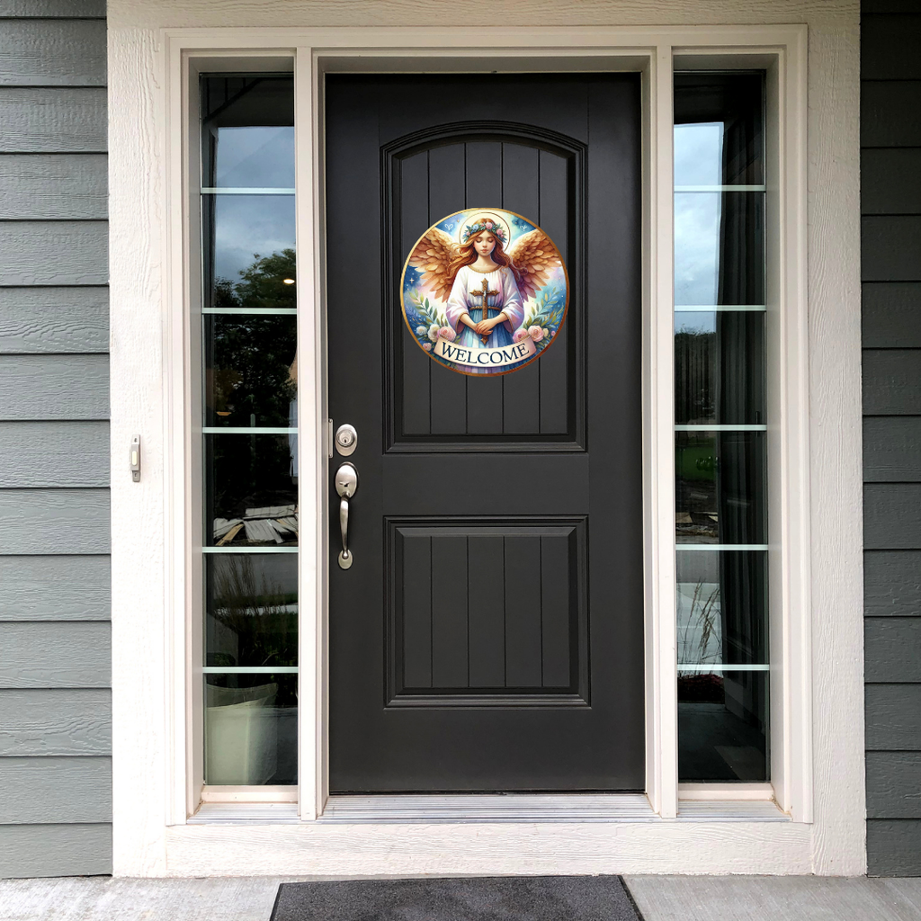 Angel Holding a Cross Round Hanging Door Sign - Door Sign