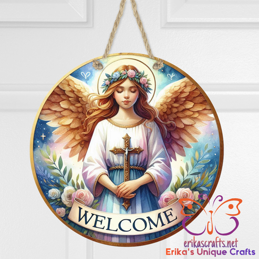 Angel Holding a Cross Round Hanging Door Sign - Door Sign