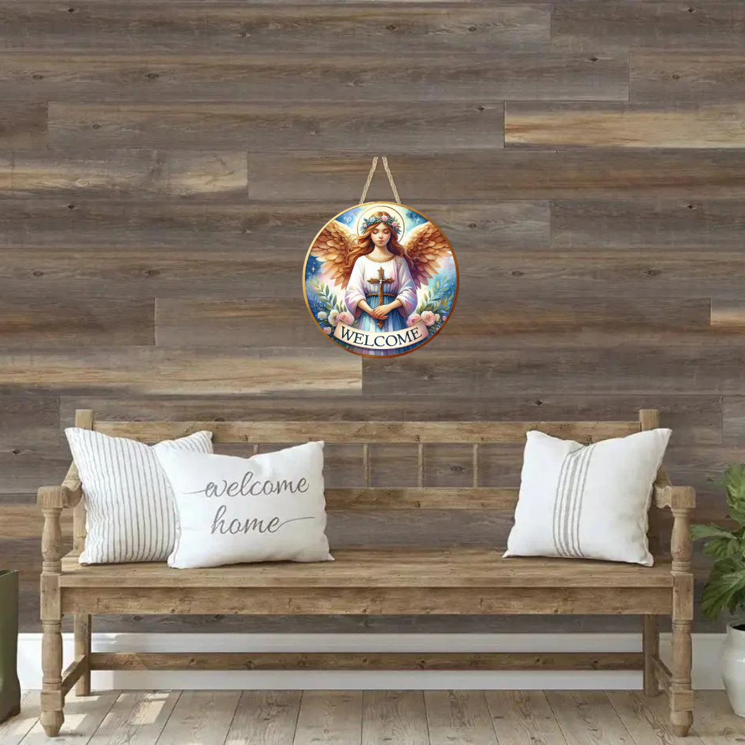 Angel Holding a Cross Round Hanging Door Sign - Door Sign