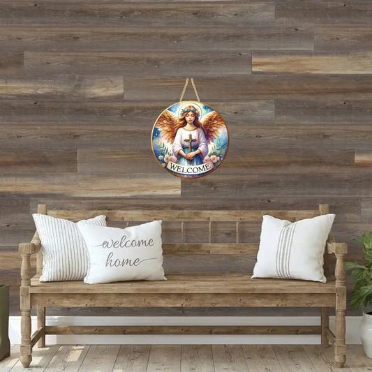 Angel Holding a Cross Round Hanging Door Sign - Door Sign