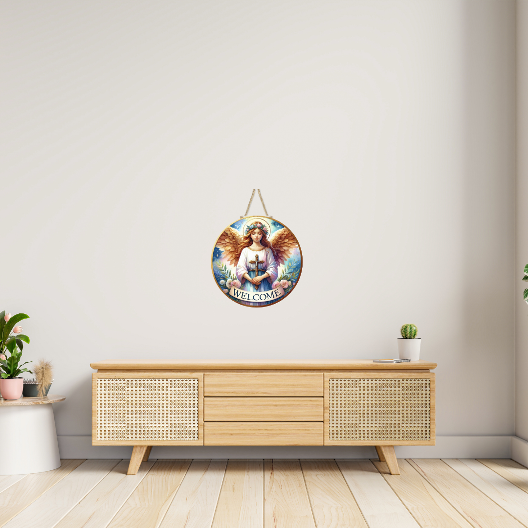 Angel Holding a Cross Round Hanging Door Sign - Door Sign