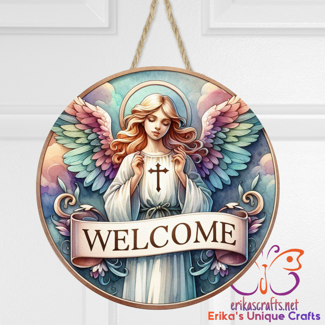 Angel Welcome Round Hanging Door Sign - Door Sign