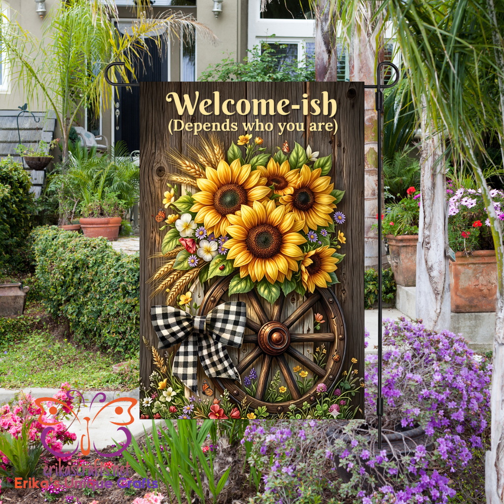 Wagon Wheel Sunflower Garden Flag