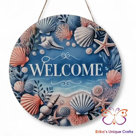 Beach and Shells Welcome Round Hanging Door Sign Door Sign
