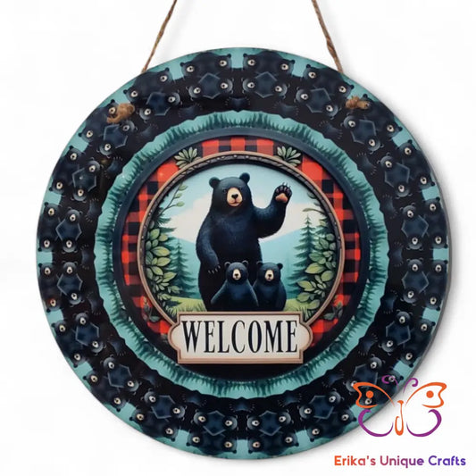 Black Bear Mom Cubs Round Hanging Door Sign Door Sign
