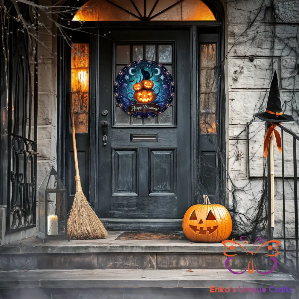 Black Cat Haunting Round Hanging Door Sign Door Sign