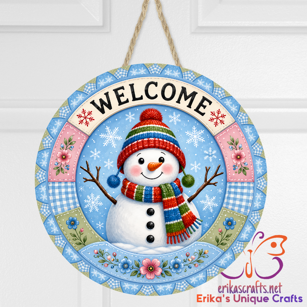 Snowman Blue Quilted Round Metal Door Sign