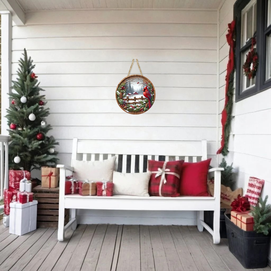 Cardinal and Barn Round Hanging Door Sign - Door Sign