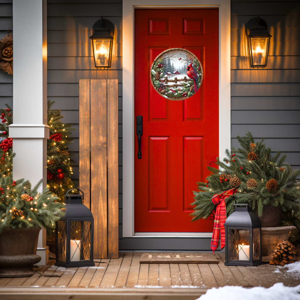 Cardinal and Barn Round Hanging Door Sign - Door Sign