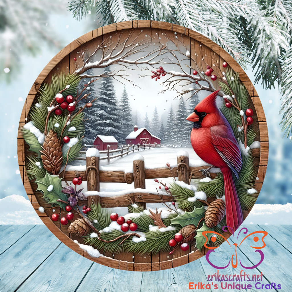 Cardinal and Barn Round Hanging Door Sign - Door Sign