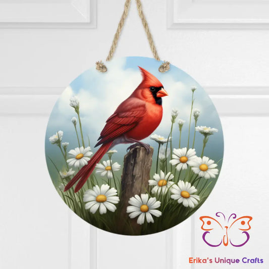 Cardinal and Daises Round Hanging Door Sign Door Sign