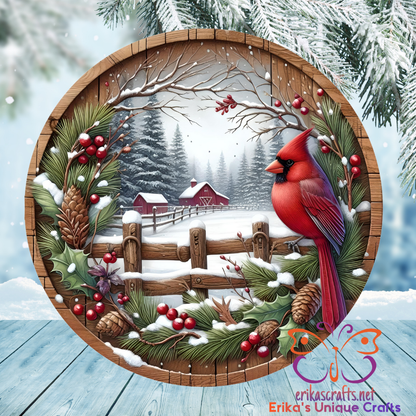 Cardinal and Barn Round Hanging Door Sign