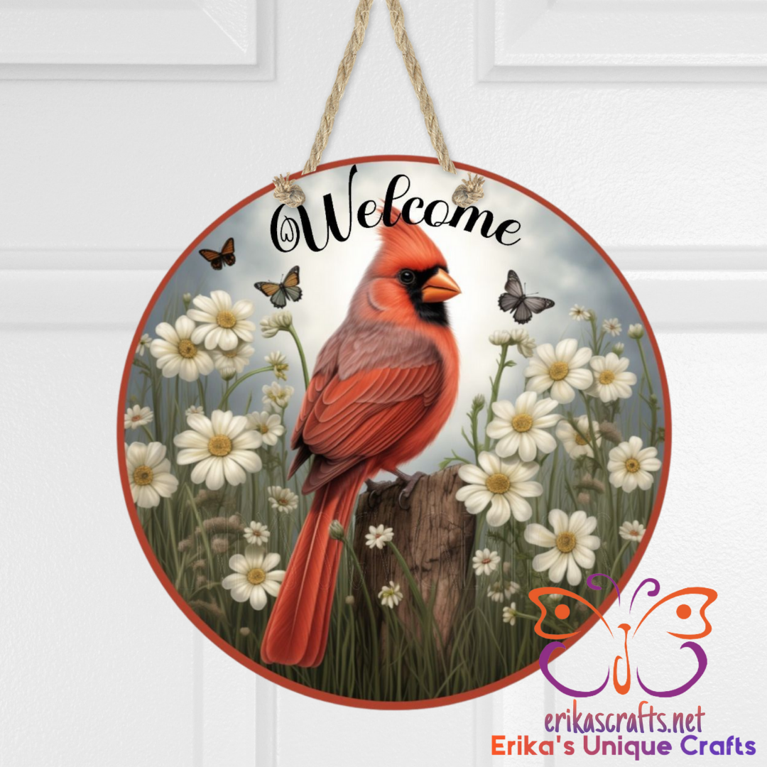 Cardinal and Daises on a Fence Round Hanging Door Sign