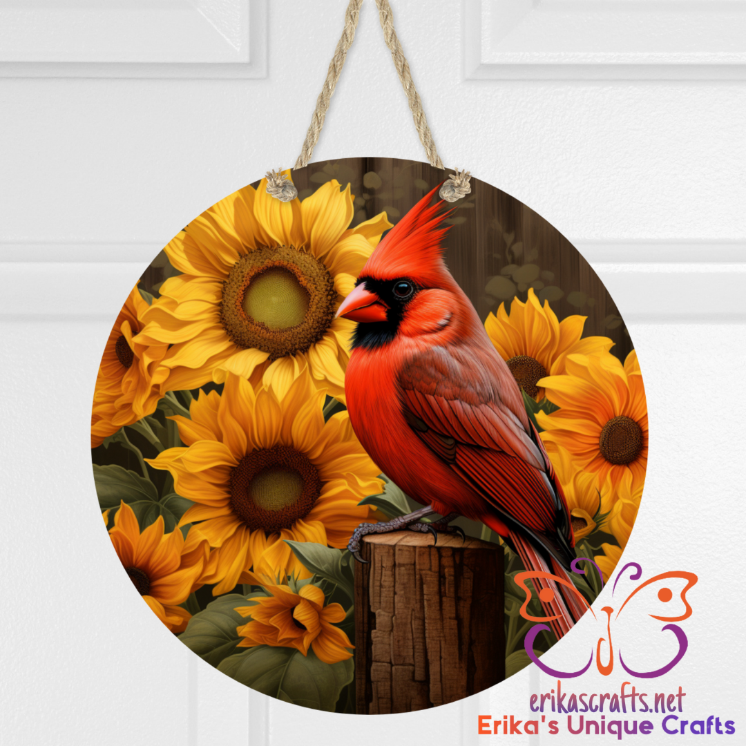 Cardinal and Sunflowers Round Hanging Door Sign