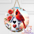 Cardinal With Birdhouse Heart Door Sign