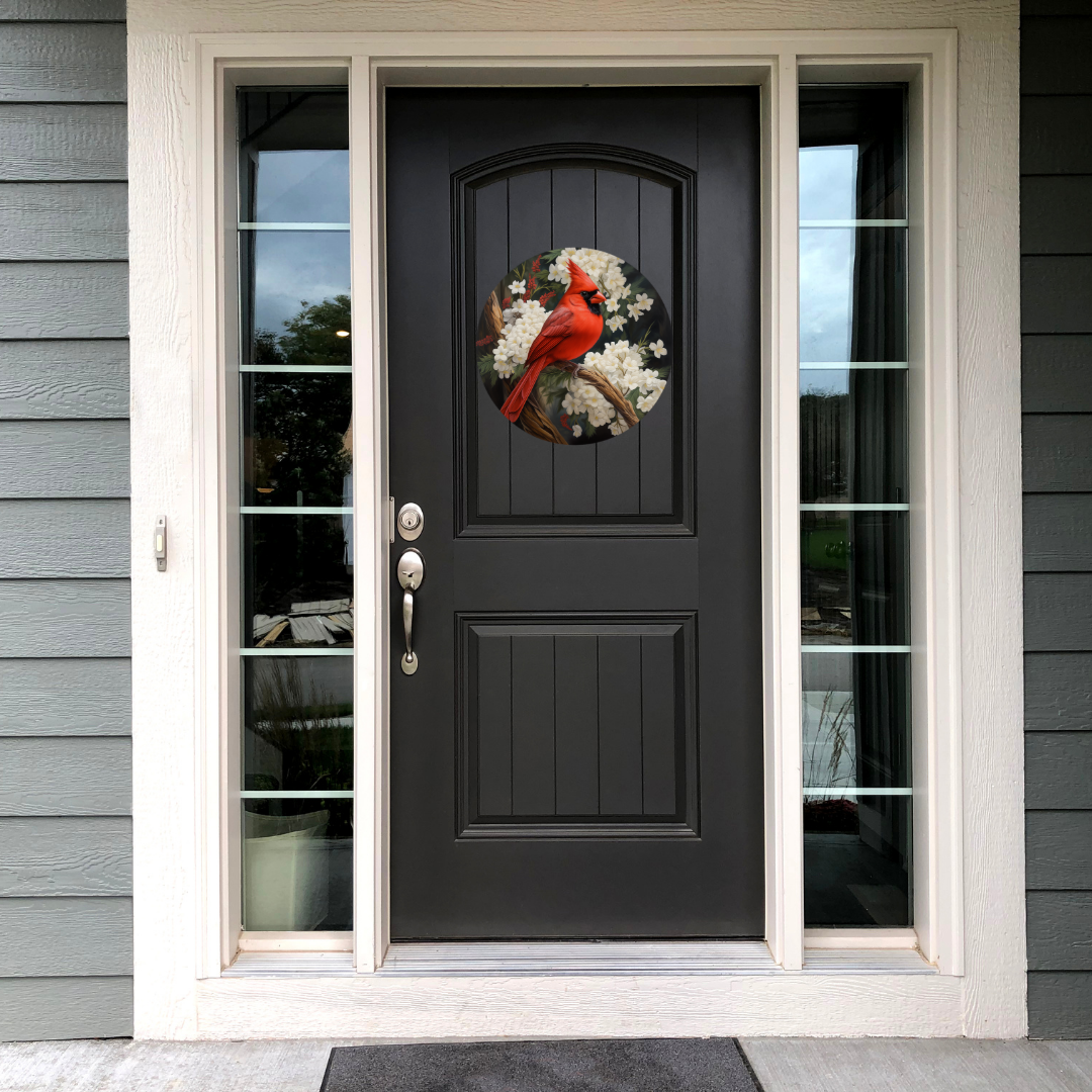 Cardinal and White Flowers Door Sign