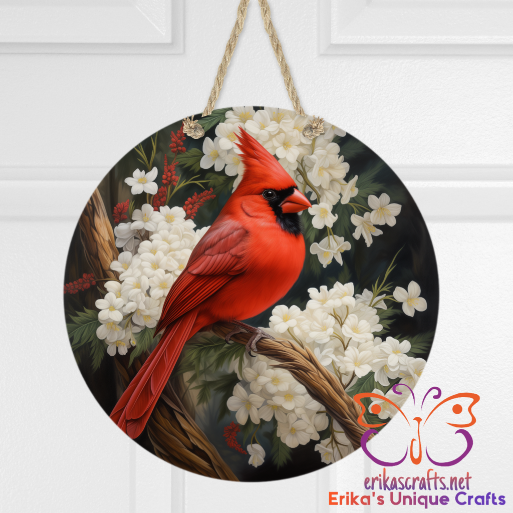 Cardinal and White Flowers Door Sign