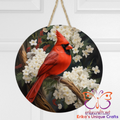 Cardinal and White Flowers Door Sign
