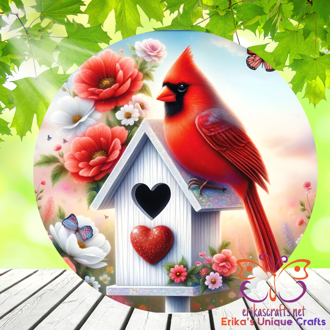 Cardinal With Birdhouse Heart Door Sign