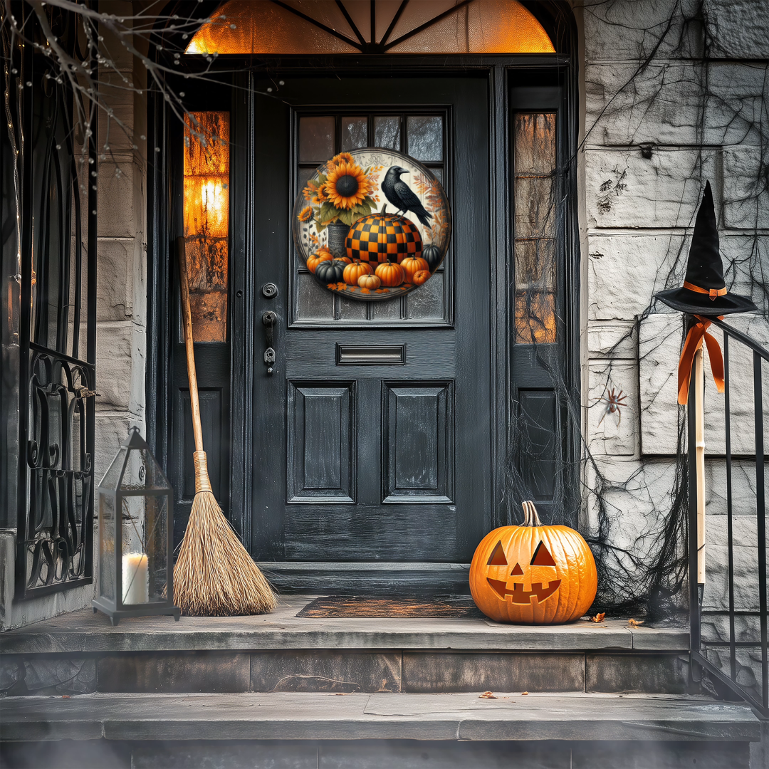 Sunflower Checkered Pumpkin Crow Metal Door Sign