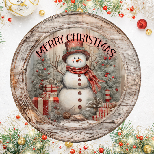 Country Merry Christmas Snowman Round Hanging Door Sign