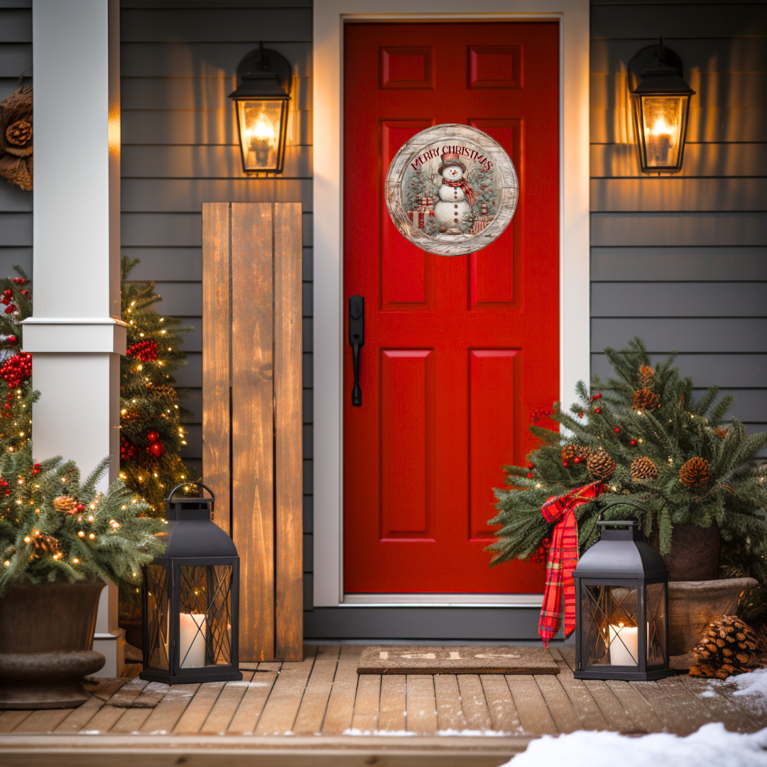 Country Merry Christmas Snowman Round Hanging Door Sign