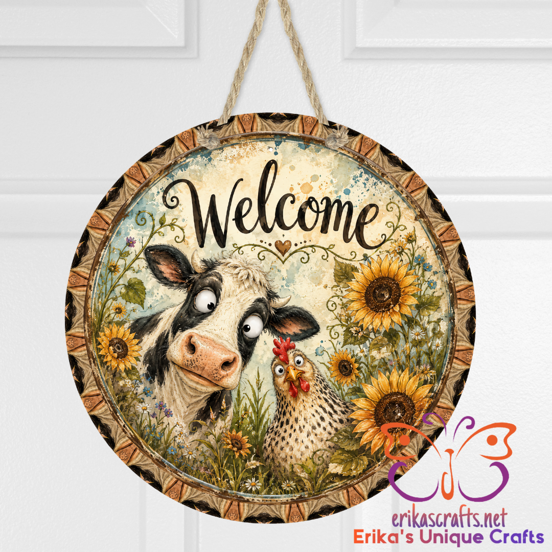 Cow Chicken Round Metal Door Sign