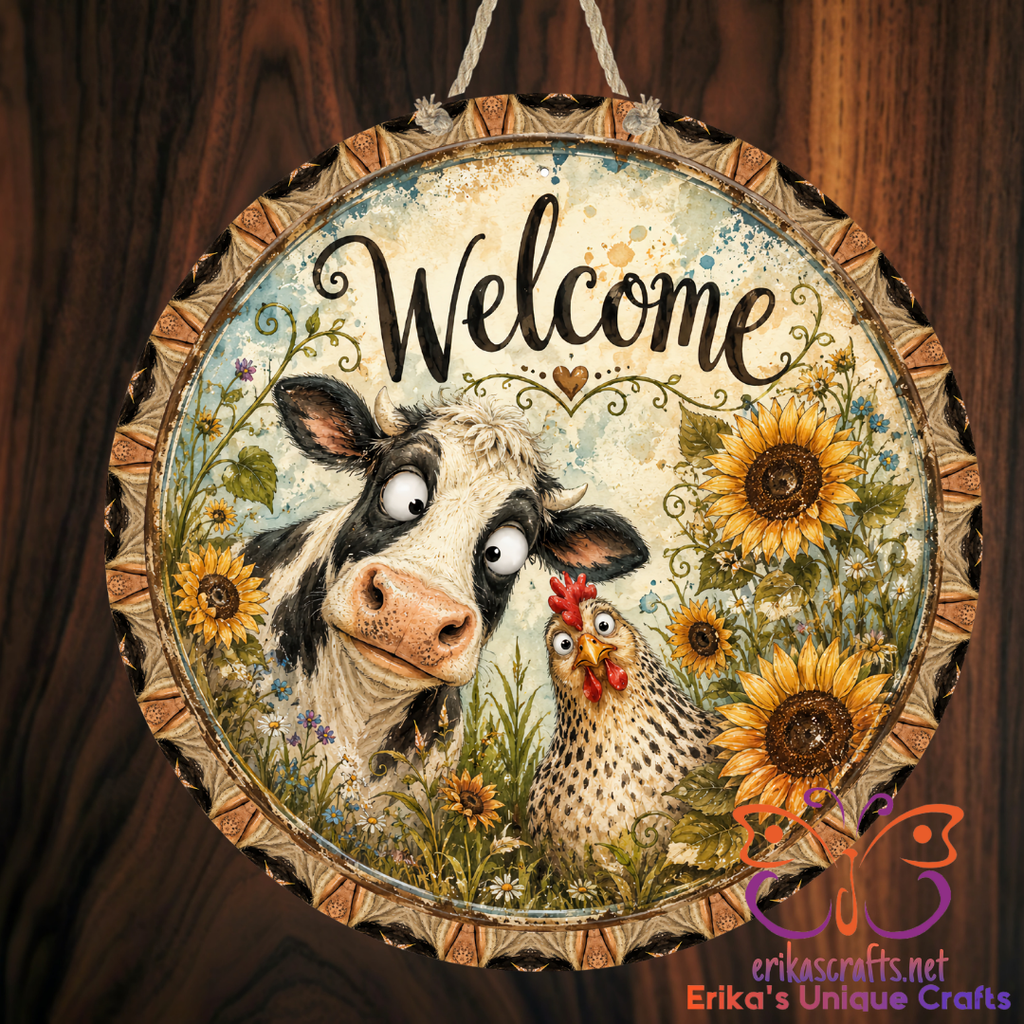 Cow Chicken Round Metal Door Sign