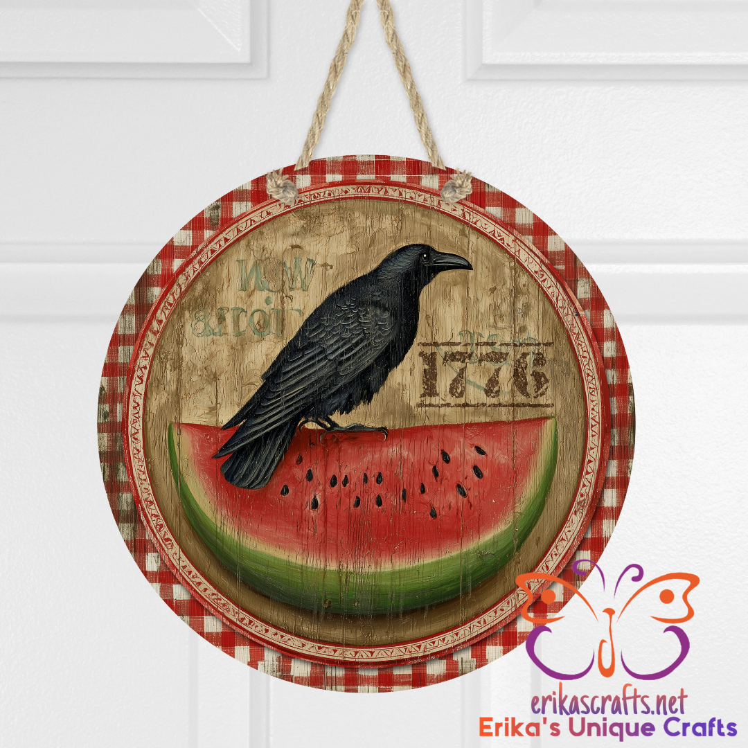 Rustic Crow and Watermelon Metal Door Sign
