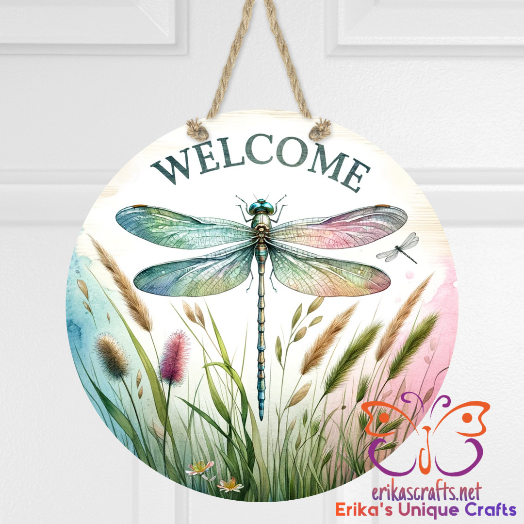 Dragonfly Welcome Round Hanging Door Sign - 12 Inch - Door