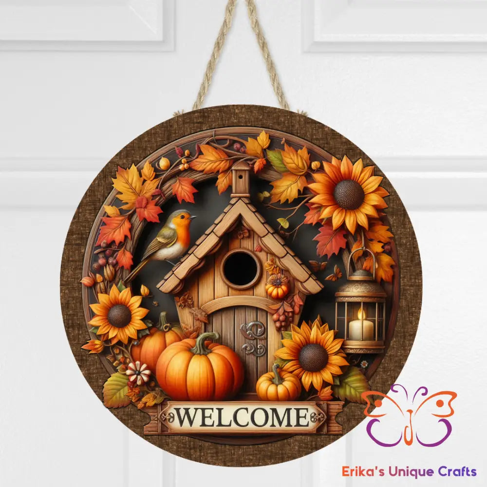 Fall Bird House Round Hanging Door Sign Door Sign
