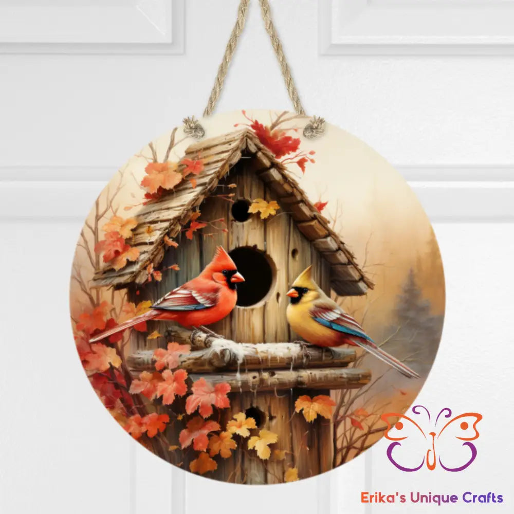 Fall CardinalsBirdhouse Round Hanging Door Sign Door Sign