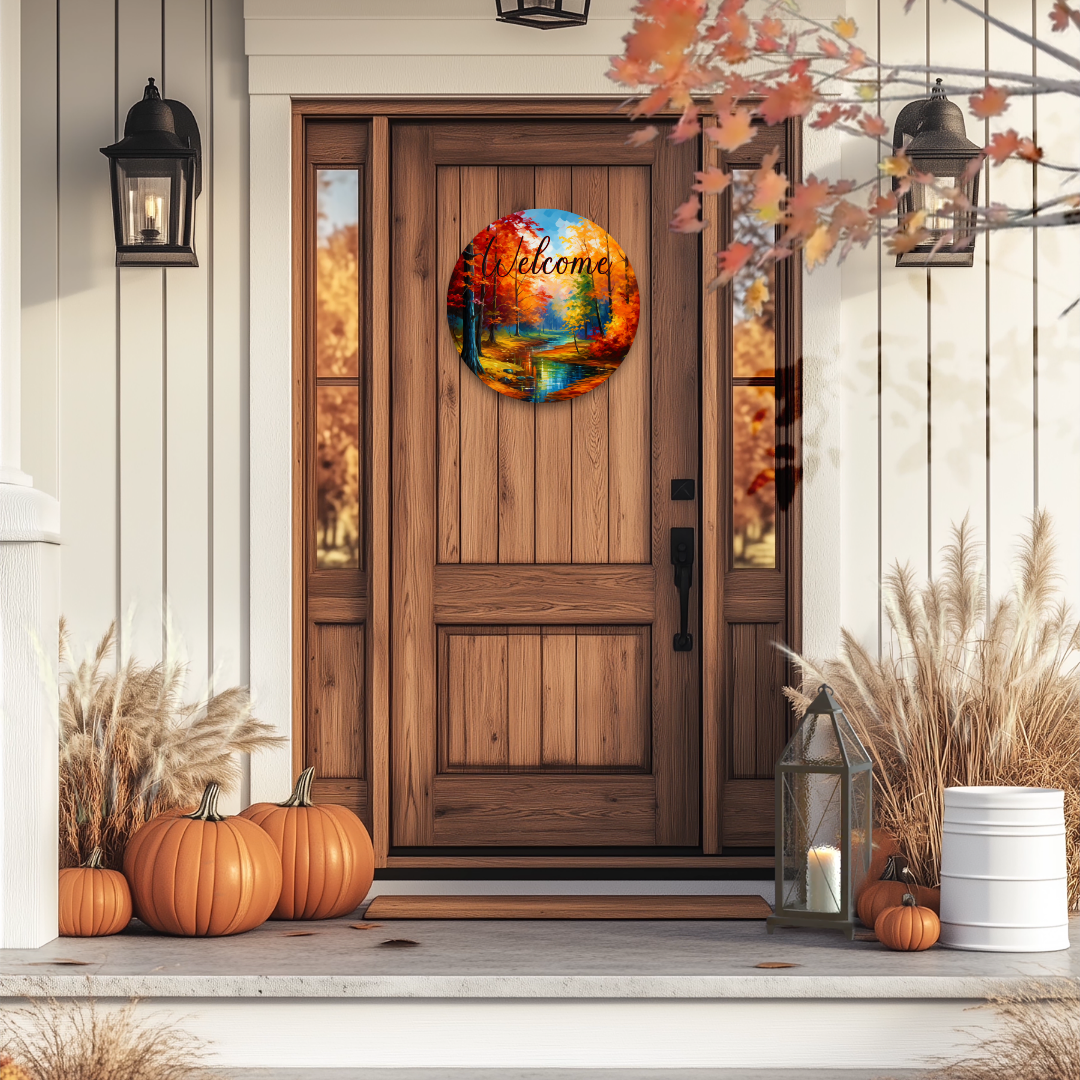 Fall Colors Welcome Round Hanging Door Sign - 12 Inch