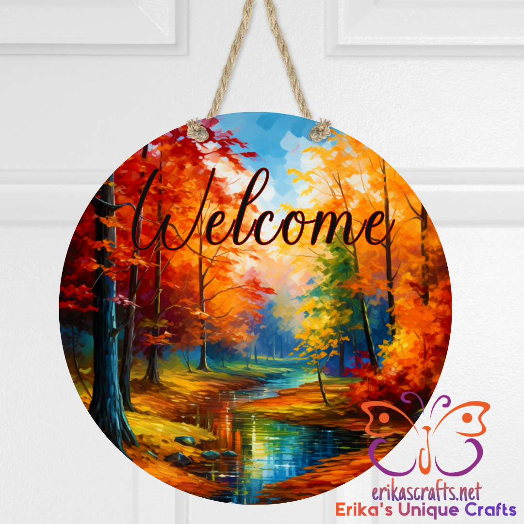 Fall Colors Welcome Round Hanging Door Sign - 12 Inch