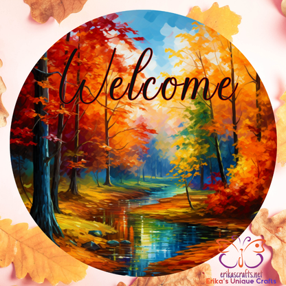 Fall Colors Welcome Round Hanging Door Sign - 12 Inch