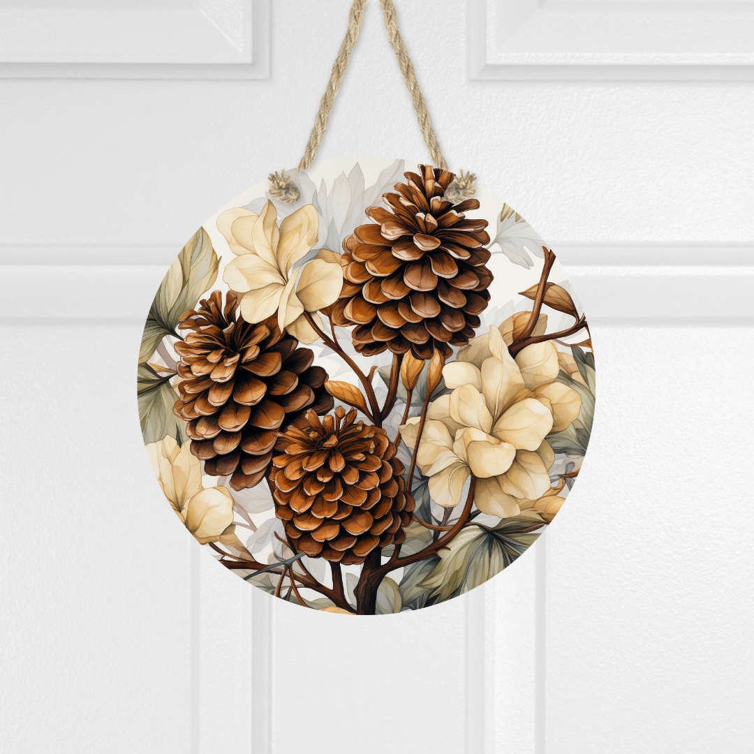 Fall Pinecones Round Hanging Door Sign - Door Sign