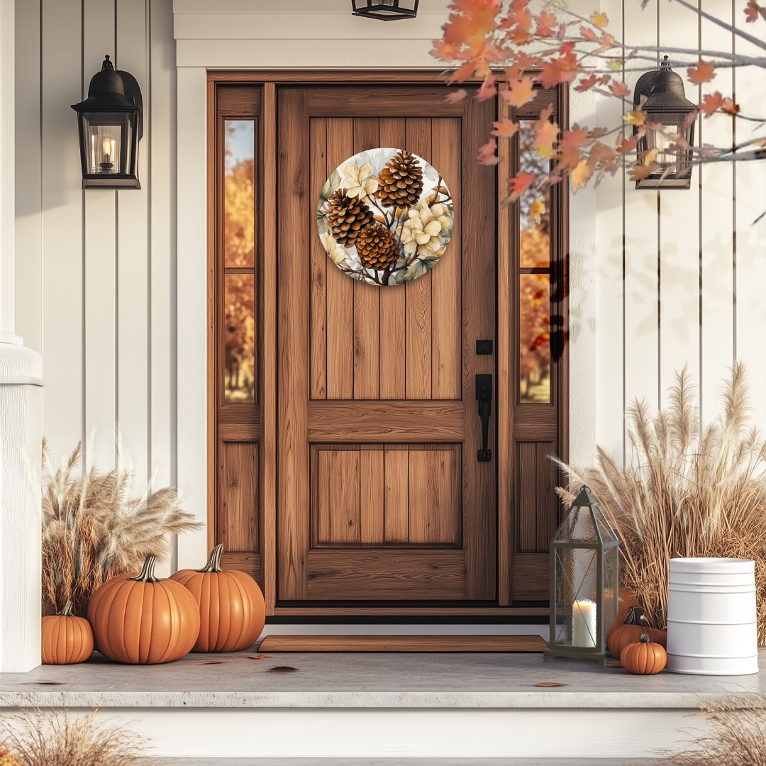 Fall Pinecones Round Hanging Door Sign - Door Sign