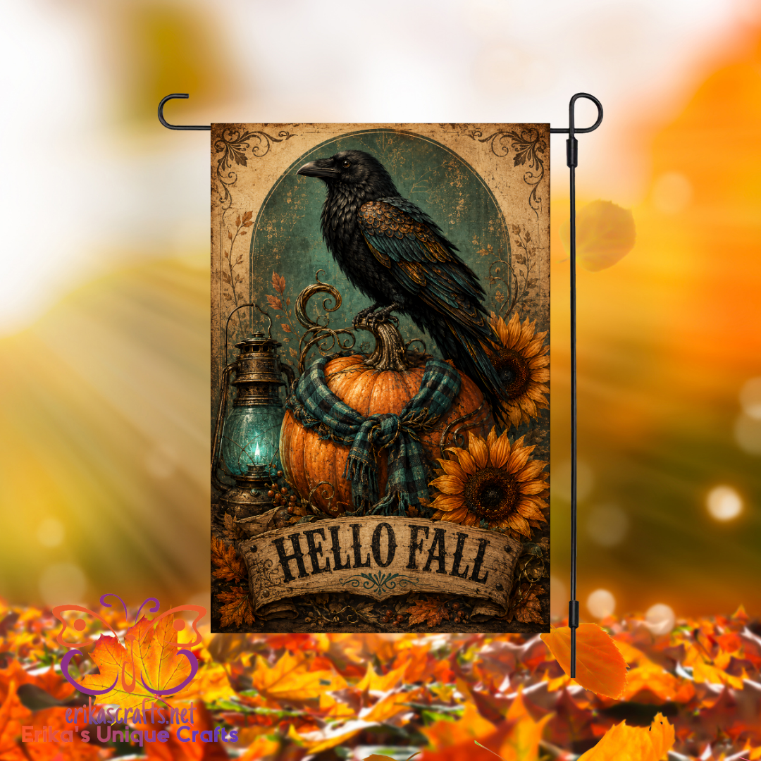 Hello Fall Crow Pumpkin Garden Flag