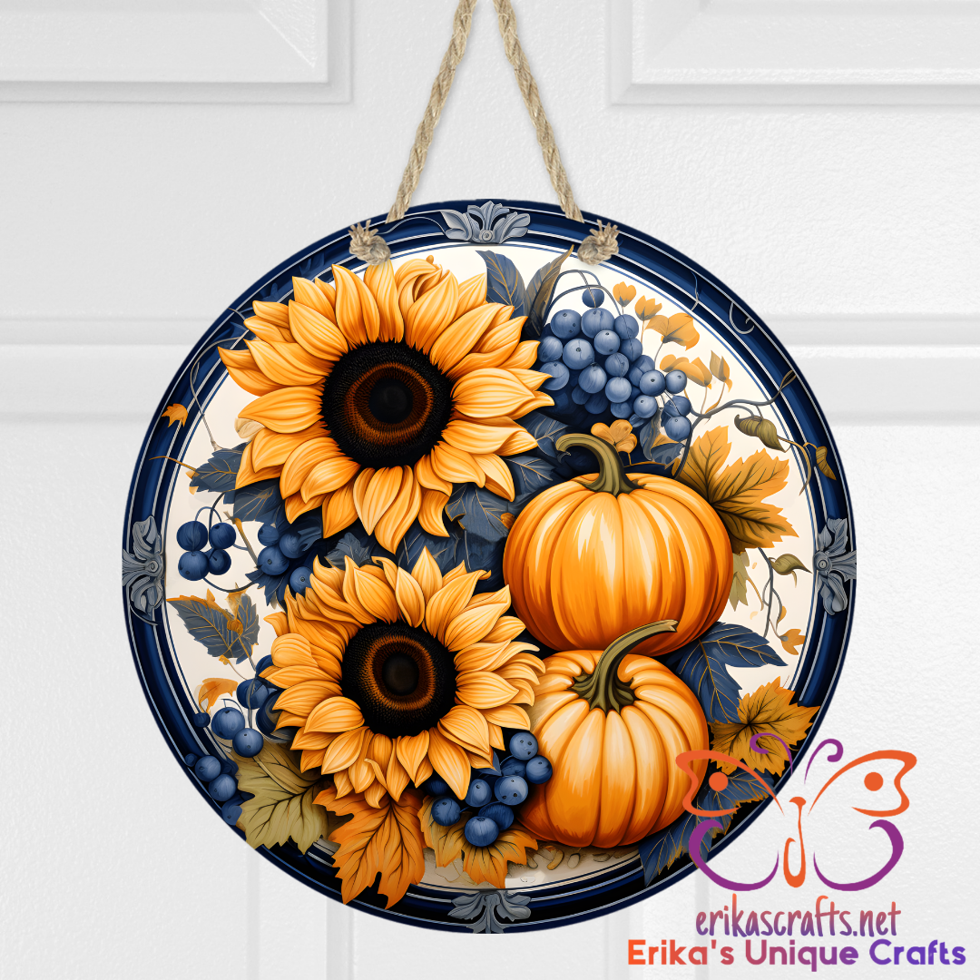 Fall Sunflowers and Pumpkins Metal Door Sign