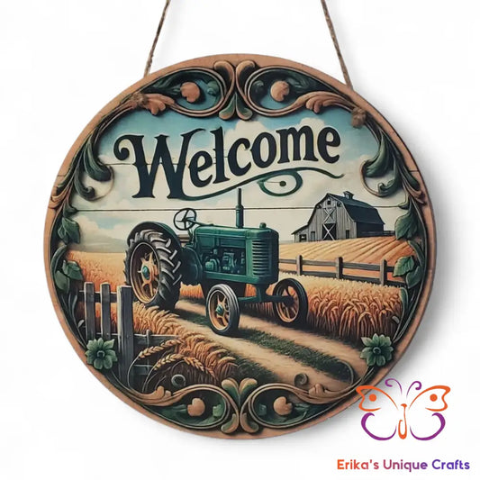 Farm Tractor Welcome Round Hanging Door Sign Door Sign