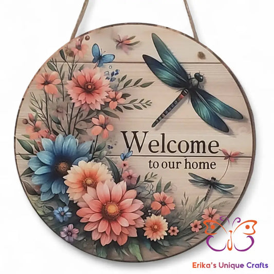Floral Dragonfly Welcome Round Hanging Door Sign Door Sign