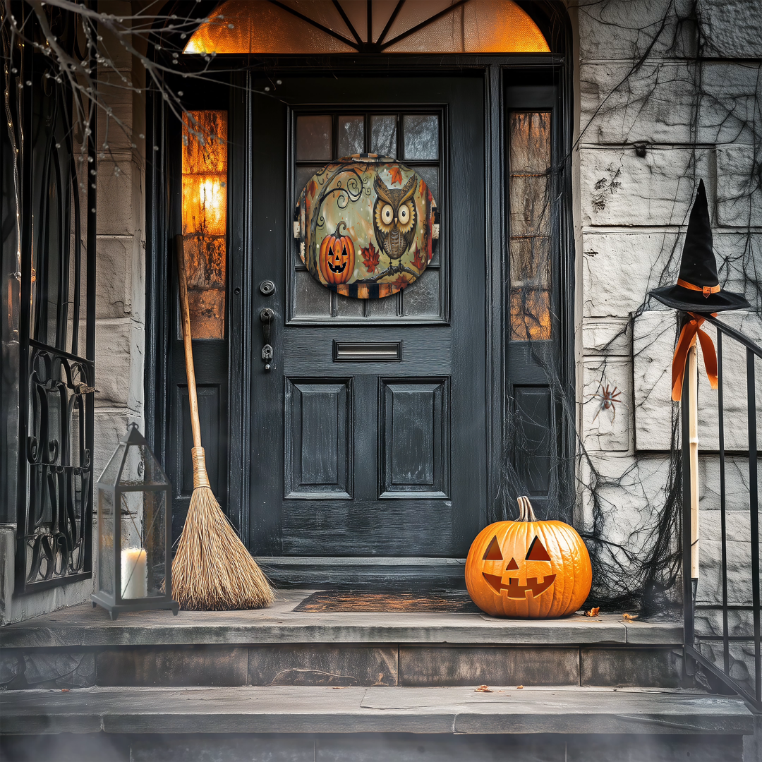 Owl and Pumpkin Metal Door Sign