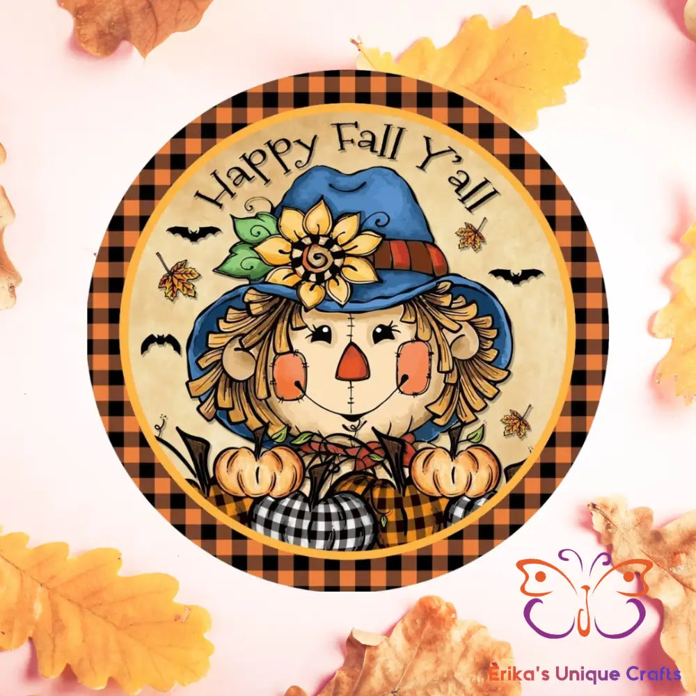 Happy Fall Y’all Scarecrow and Bats Round Hanging Door Sign Door Sign