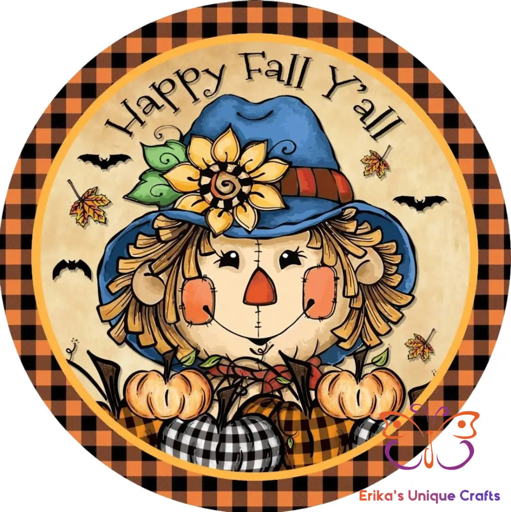Happy Fall Y’all Scarecrow and Bats Round Hanging Door Sign Door Sign