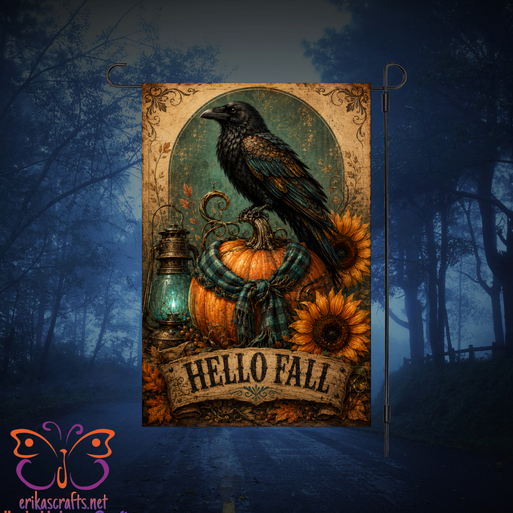 Hello Fall Crow Pumpkin Garden Flag