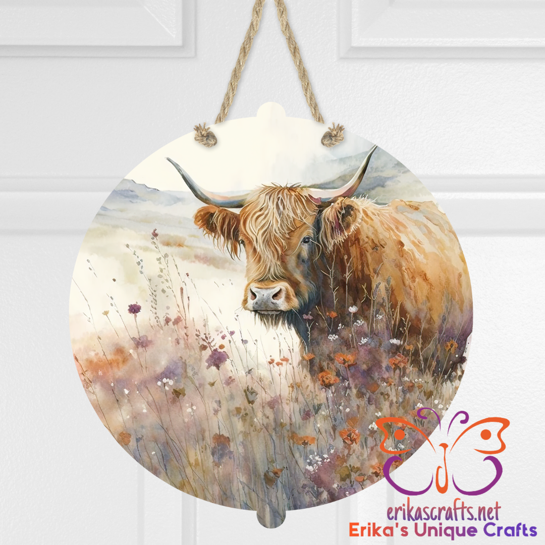 Highland Cow In A Field Round Hanging Door Sign