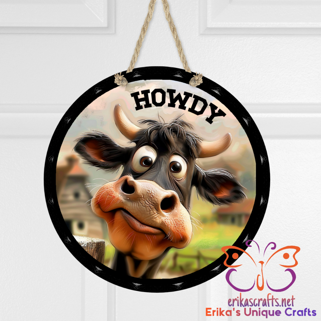 Howdy Moo Cow Round Hanging Door Sign
