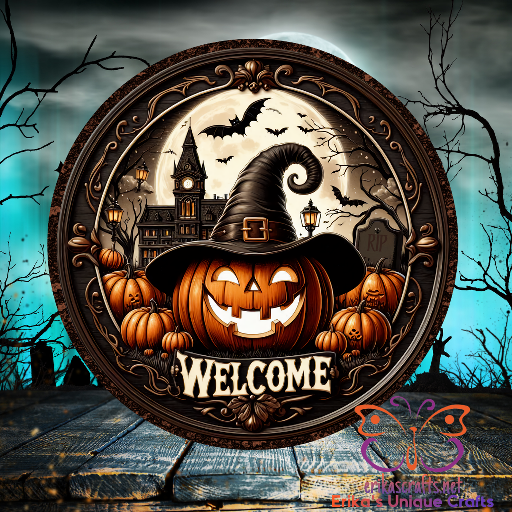 Halloween Welcome Jack Glow In The Dark Metal Round Hanging Door Sign